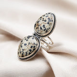 Black and white Dalmatian Jasper soutwest silver double pear shaped ring by cival collective Milwaukees Favorite Jewelry shop  