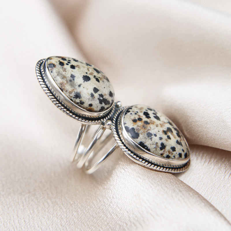 Black and white Dalmatian Jasper soutwest silver double pear shaped ring by cival collective Milwaukees Favorite Jewelry shop