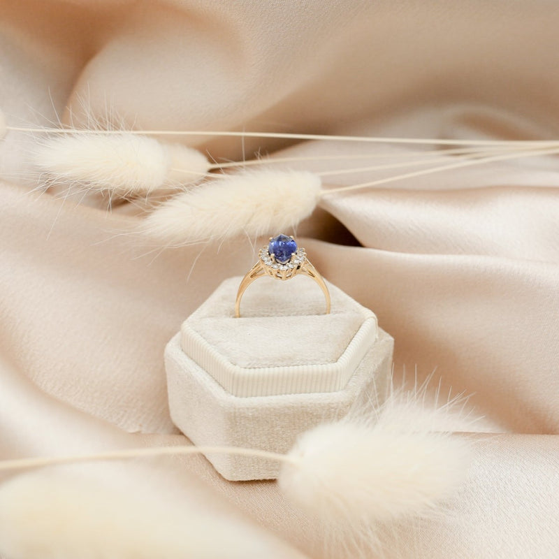 Vintage Blue Sapphire Marquise with Diamond Halo Ring | Size 9.5