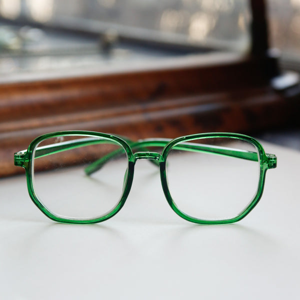 Green plastic framed glasses, UV blue light blocking 