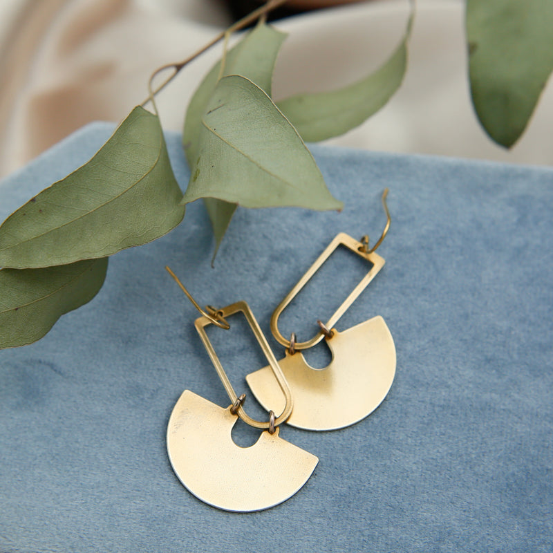 up close of Marie-louise earrings, brass components 