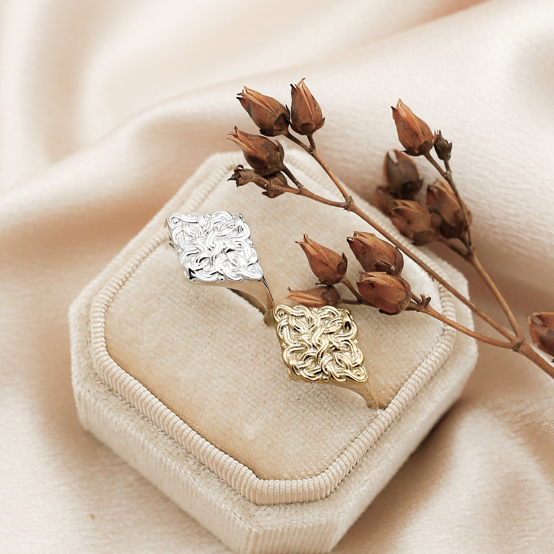 Solid cast brass and sterling silver rings with a repeating weaving pattern. Made by Cival Collective in Milwaukee, WI.