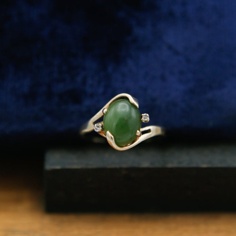 1970s 10K Jade & Diamond Bypass Ring | Size 7.5