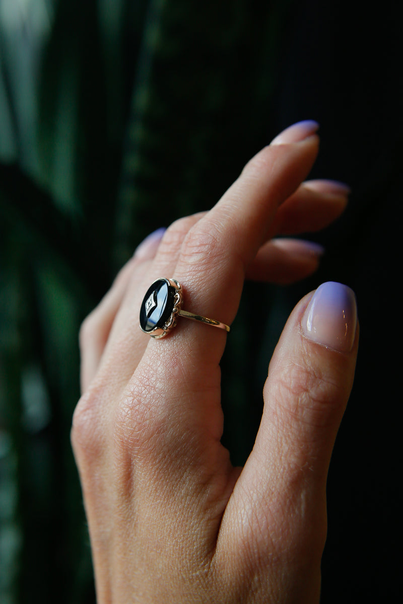 Victorian Revival 10K Black Onyx & Diamond Ring | Size 7.5
