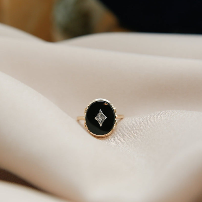 Victorian Revival 10K Black Onyx & Diamond Ring | Size 7.5