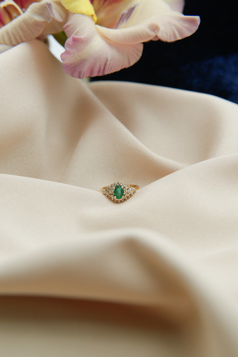 1970s 14K Emerald & Diamond Cluster Ring | Size 6
