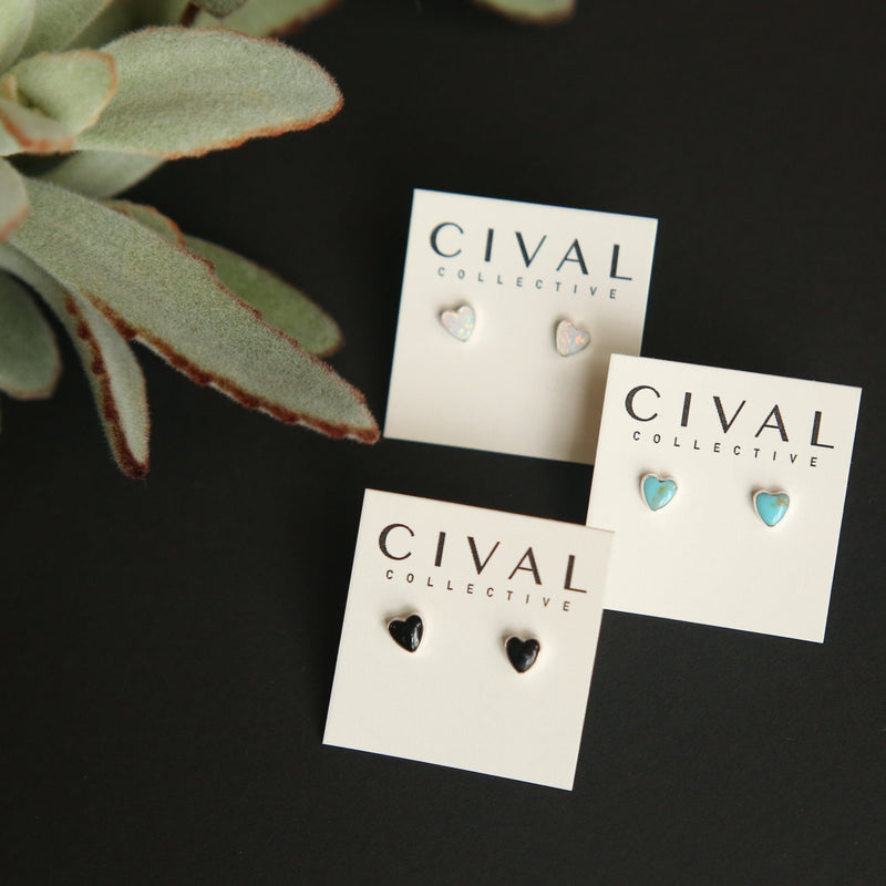 three heart shaped sterling silver post earrings, reconstituted opal, turquoise, and onyx  