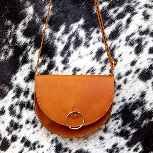 Leather crossbody bag, brass round clasps 