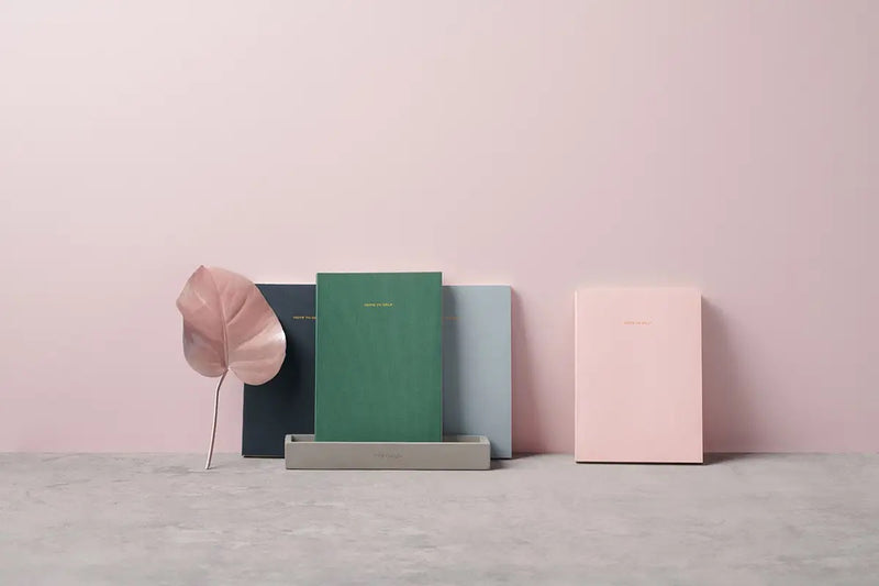 Black, green, light blue, & light pink "Note to self" journals by Wit & Delight displayed standing up against a pink wall.