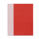 image of red and pink notebook on white background. "notes" printed in gold on left side 