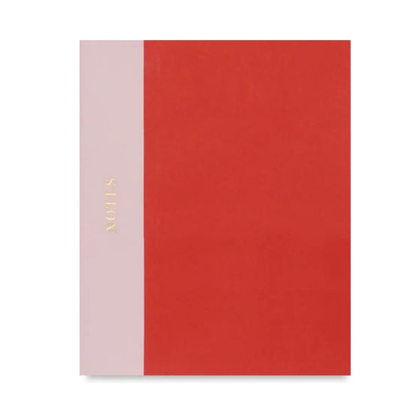 image of red and pink notebook on white background. "notes" printed in gold on left side 