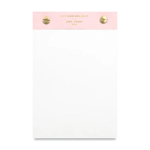 plain paper notepad with pink top and gold bolt clamps