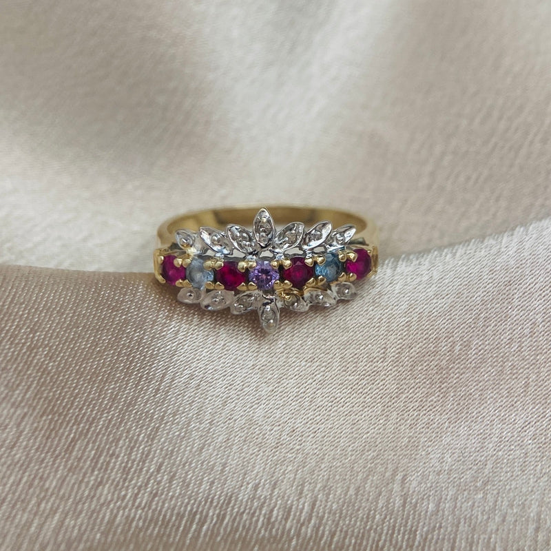 Vintage 10k Ruby, Aqua, Amethyst & Diamond Ring | Sz 8