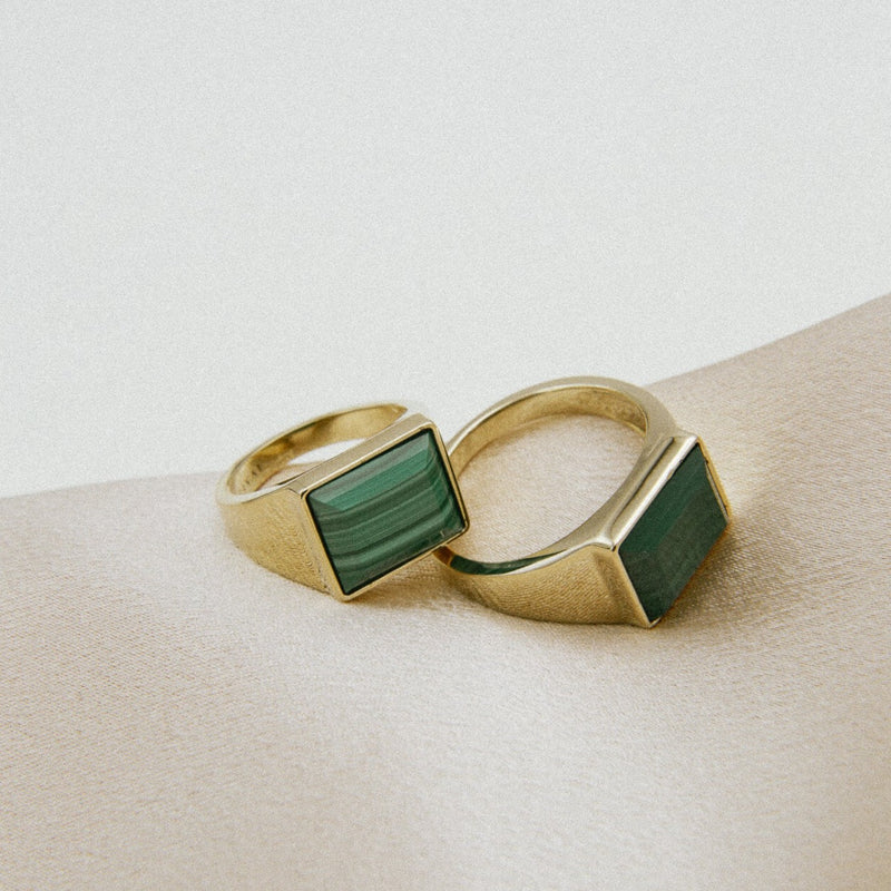 close up of Velma ring with malachite set stones. Signant ring designed in house by Cival Collective