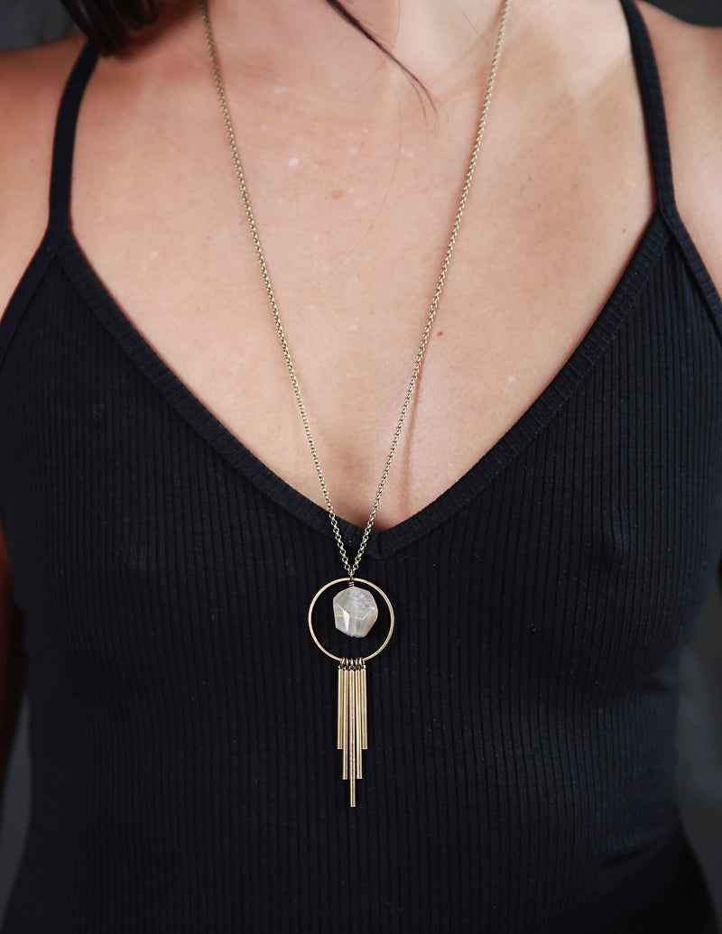 Cascading waterfall brass and gemstone necklace made in the USA by Cival Collective.
