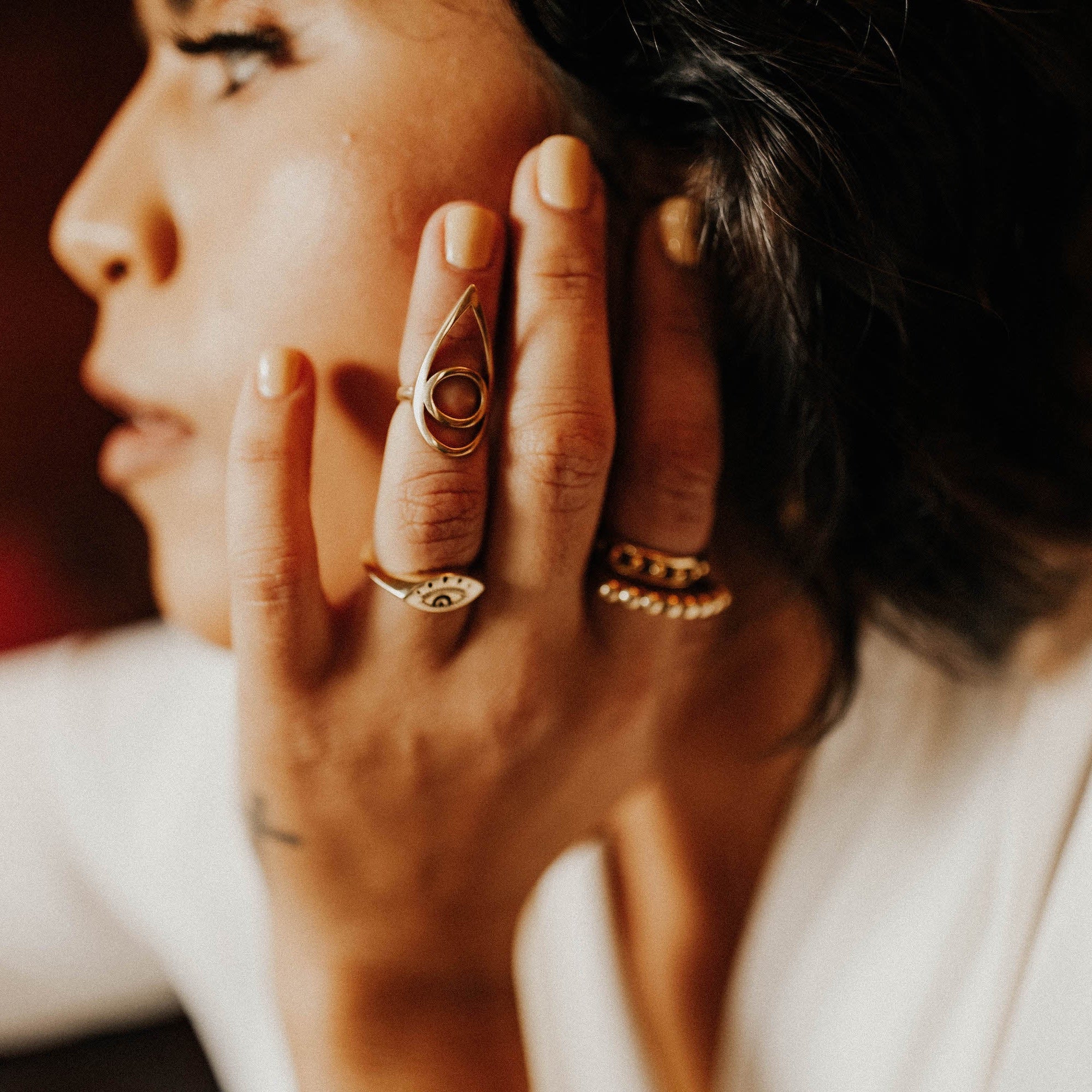 14k gold ring featuring an "Evil Eye" with a patina. Made by Cival Collective in Milwaukee, WI.