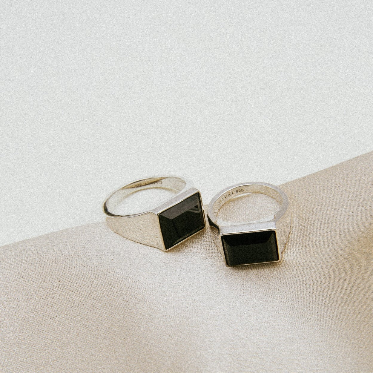 close up of sterling silvernVelma ring with black set stones. Signet ring designed in house by Cival Collective in milwaukee wisconsin