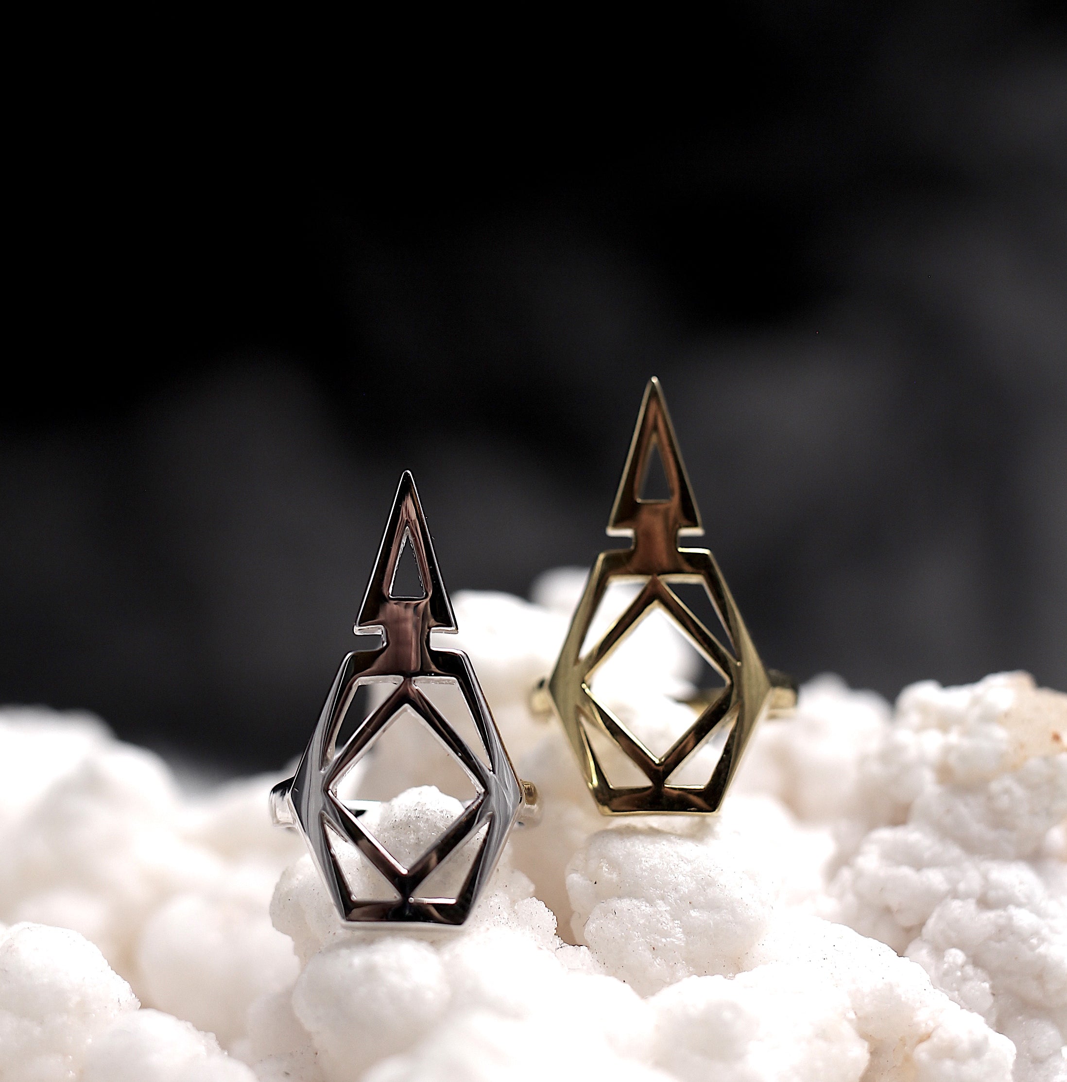 Geometric midi ring in brass or silver, designed to open metal drink tabs to save your hands and nails. 