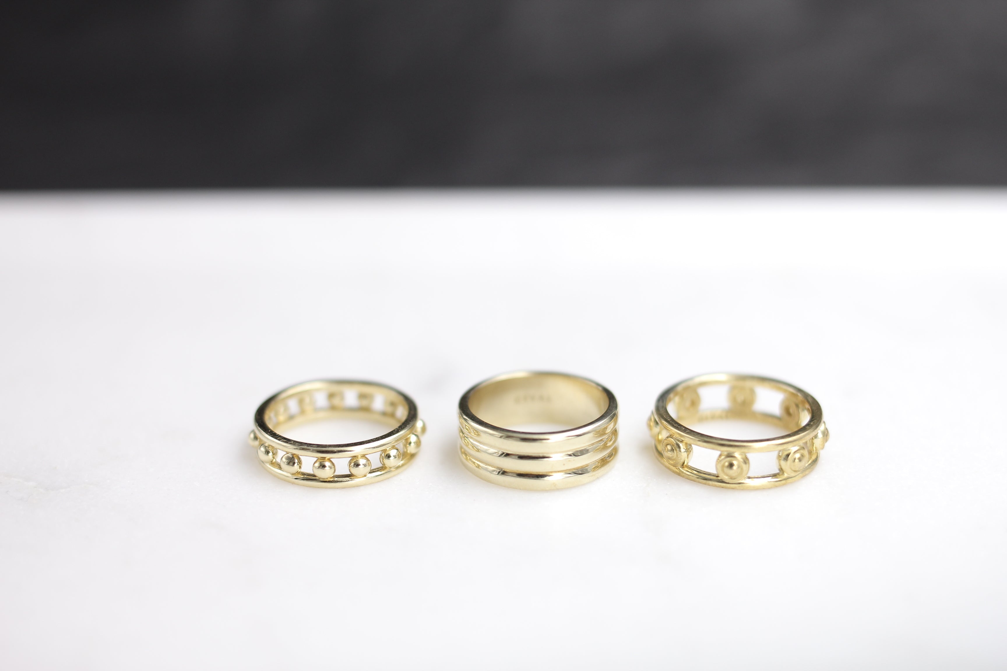 Cival Collective Jewelry design studio and boutique handmade designs. Modern cast brass ring. Classic design by Milwaukee, WI artists. Patterned stacking rings are comfortable and easy to wear.