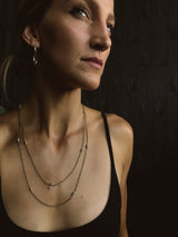 "Janet" Dalmatian jasper necklace. Pictured on model from CIVAL Collective in Milwaukee WI.