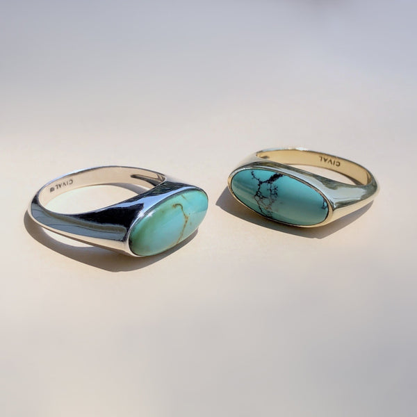 Natural turquoise in sterling silver signet style ring with east west stone setting