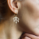 close up of monique earring II, image of "evils eye" with three teardrops 