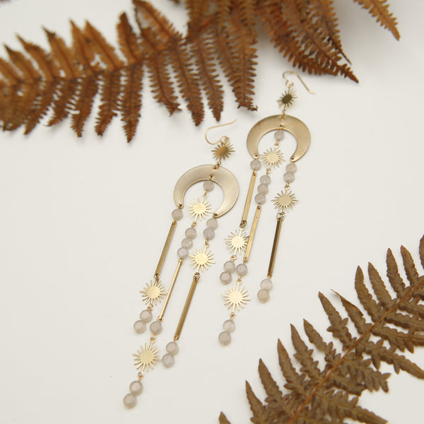 close up of 5" drop mercedes earrings, componants of cresent moon, sunbursts and brass 