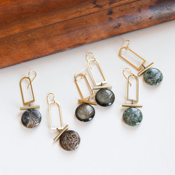 Collection of Elise drop earrings with a variety of gem stones. 