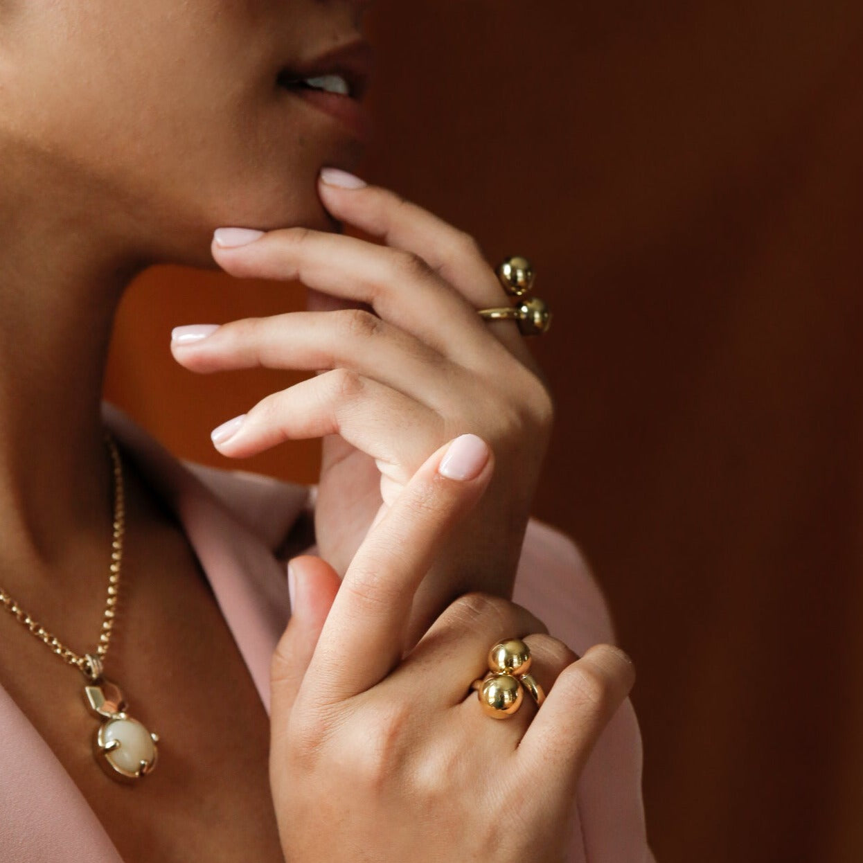 close up of Bunni Ring on model, vintage inspired bypass ring in brass or sterling silver. designed in house at Cival collective Milwaukee, WI