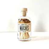 5.5" high x 2.5" wide jar 100 matchsticks at 3.5" tall Wooden cork top with logo Vintage style label with striker