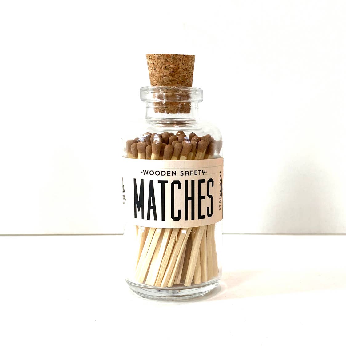 4" high x 2" Wide Jar 65 matchsticks at 3" tall Cork top Vintage style label with striker