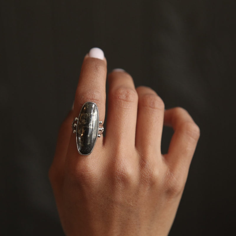 Triple banded sterling silver ring set with pyrite