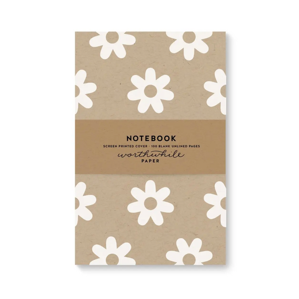 notebook with white screen printed flowers on craft paper colored cover