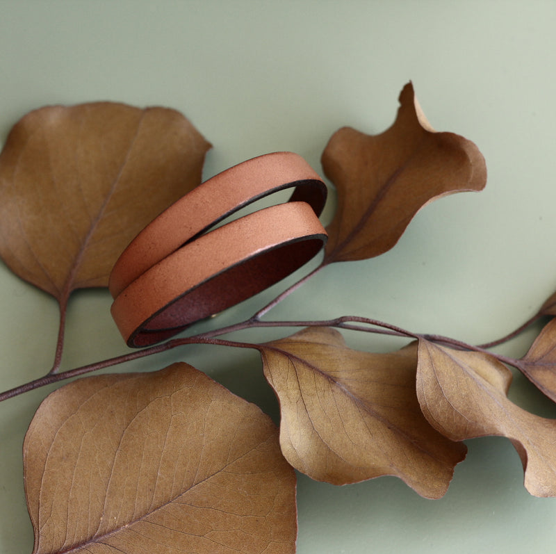 Tan 10mm wide leather bracelet double wrapped with magnetic clasp designed and made by CIVAL Collective.