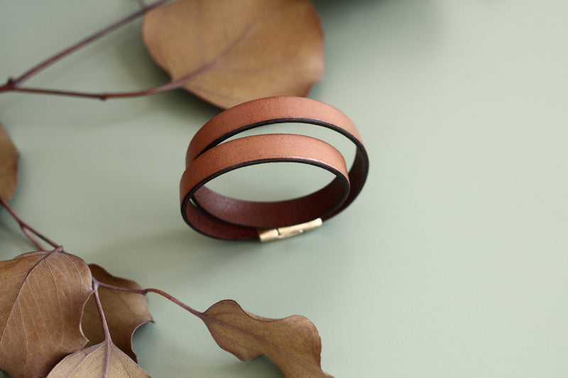 Tan "Acer" wide leather bracelet, double wrapped and closed with magnetic clasp and made by CIVAL Collective.