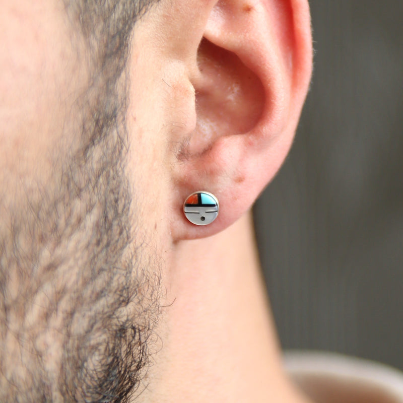 Sterling silver stud earrings with Turquoise, Mother of Pearl and Onyx Inlay details.