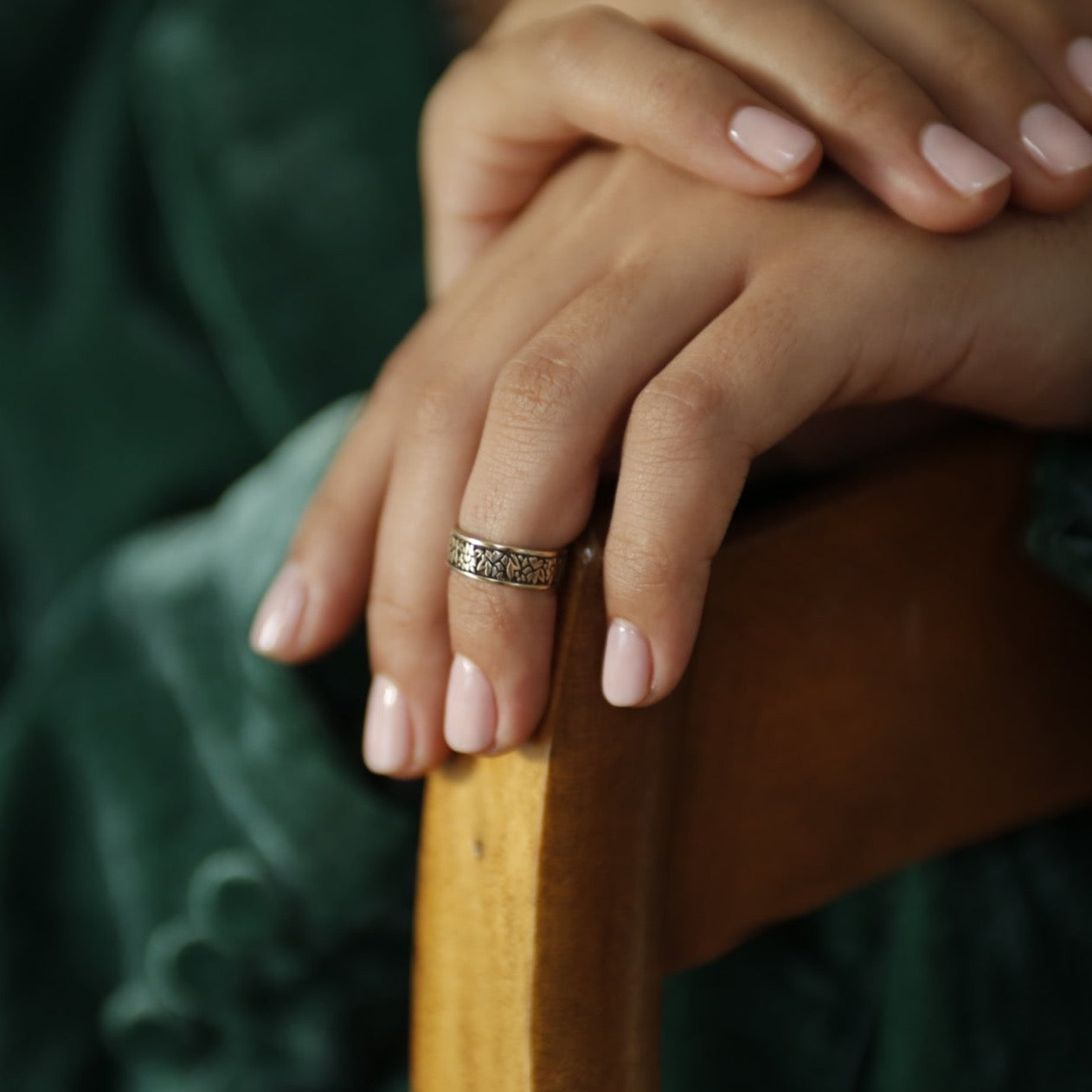 close up of adjustable costello midi ring on model, cast in brass or sterling silver. designed in house at Cival Collective 