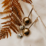 Modern straight drop earrings with brass and Dalmatian Jasper spheres