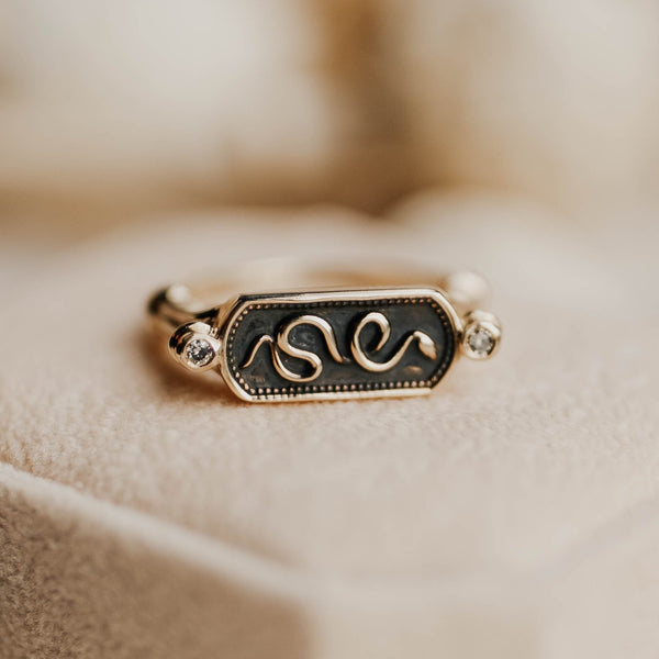 Close up of ceylon snake ring with diamond settings. available in brass, sterling silver, or 14k gold. design in house at cival collective, milwaukee, WI