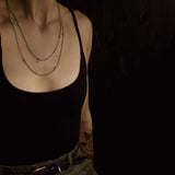 Dalmatian jasper beaded long necklace doubled up for layered look. Pictured on model for CIVAL Collective.